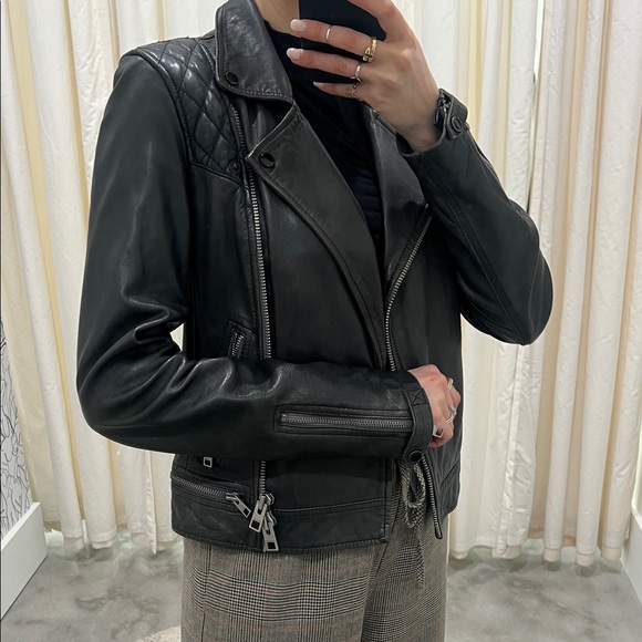 All Saints Dark Leather Biker Jacket - Picture 2 of 6
